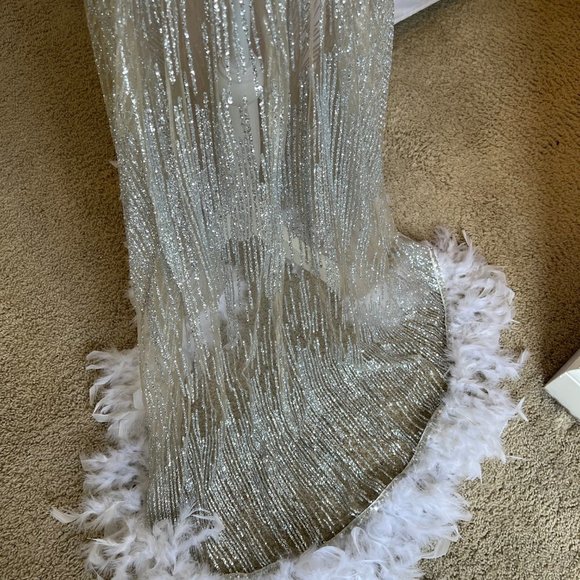 House of Jade Sky Sequin Party, Cocktail, Prom Dress with Feather Detail - Picture 8 of 12